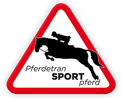 Tierisch werben PferdetranSPORTpferd (30x25 cm) Schild o. Aufkleber für Pferdeanhänger in konturgeschnittener Dreiecksform Motiv: Springreiter (Aufkleber)