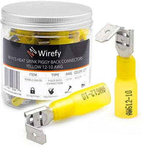 Wirefy Gelbe Schrumpfverbinder Flachstecker mit Abzweig Isoliert - Kabelschuhe Flachsteckhülsen Sortiment - Quetschverbinder Kfz - 4-6 mm² - 90 Stück