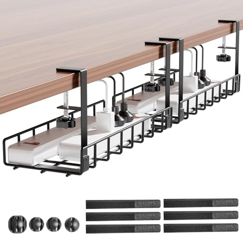 Under Desk Cable Management Tray, Xpatee Upgraded Wire Management No Drill No Screws, Cable Tray with Clamp for Desk Wire Management (Black 2Pack)