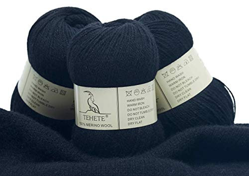 TEHETE 100% Merinowolle Garn zum Stricken, 50g x 3 Bälle Häkelgarn Schurwolle, 250 Metern 3-fädig,weich und seidig,Schwarz