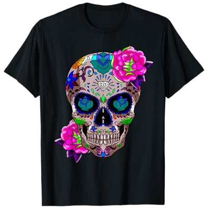 Sugar Skull Fiori Giorno dei Morti Dia de los muertos Regalo Maglietta