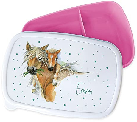 GRAZDesign Brotdose Kinder personalisiert, Lunchbox Kindergarten und Schule, Brotbox mit Unterteilung, Name und Pferd mit Fohlen, Geschenk zu Einschulung, Pink - Pferd mit Fohlen