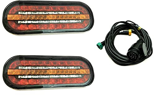 MelTruck 2x LED Rückleuchte dynamischer Blinker, 13-poliges Kabel 9m | Positions- und Bremslicht, 195 x 75 x 35 mm, 12–36V, Bajonett 5 PIN, E9 – für Anhänger, Wohnwagen, LKW