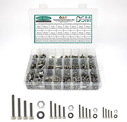 640 teiliges Set aus Sechskantschraube DIN 933 + Sechskantmutter DIN 934 und Unterlegscheibe DIN 125 Edelstahl Größe M3 M4 M5 M6 (M3-M6 Mischbox)