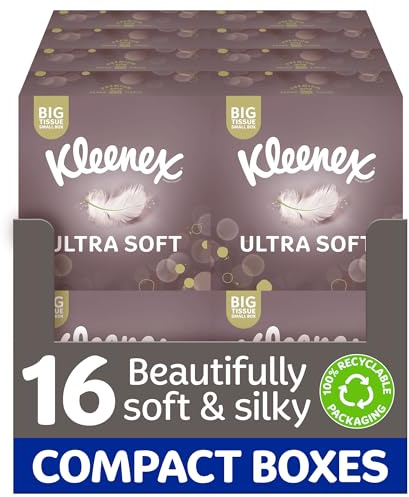 Kleenex Ultra Soft XL Tissues - 16 Compact Tissue Boxes | Beautifully Soft and Silky Tissues