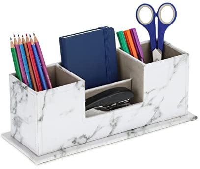 Relaxdays Schreibtisch Organizer, Stiftehalter mit 4 Fächern, Marmor-Optik, HBT: 11 x 29,5 x 11 cm, Büroorganizer, weiß