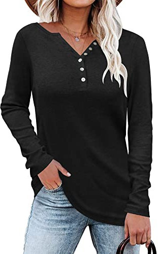 WNEEDU Women's Long Sleeve Tops V Neck Henley Shirts Button Up Pullover Lightweight Blouse Black
