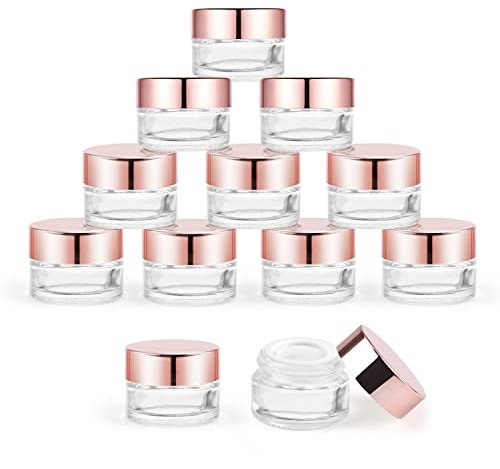 12 Pcs 5g Glass Cosmetic Jars Refillable Clear Cream Bottle Containers Empty Sample Vials Jar with Rose Gold Lid for Eye Cream Lotion Ointments Lip Balm Scrub