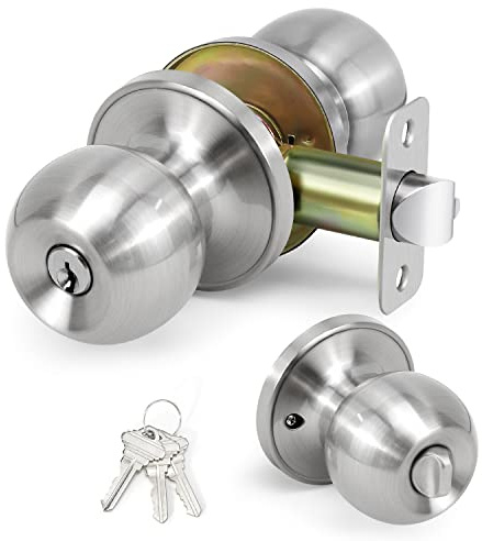 LOQRON Ball Door Knob Entry Function, Keyed Entry Door Knob with Lock, Round Ball Handle for Front Door Right and Left Side, Satin Nickel,1Pack