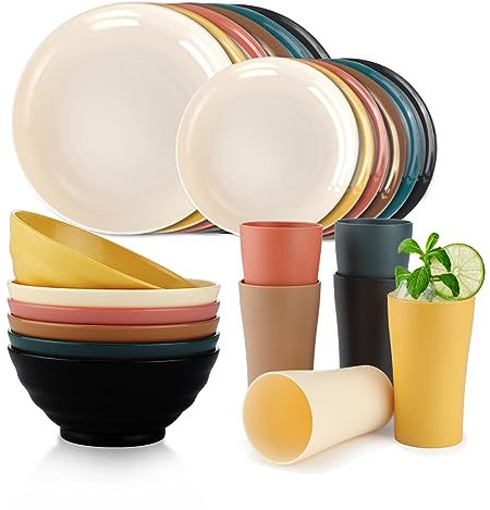 Bestdin Juego de Vajilla de Camping para 6 Personas - 24 Piezas Irrompibles - Platos y Vasos para Picnic, Fiesta - Libre de BPA, Apto para Lavavajillas