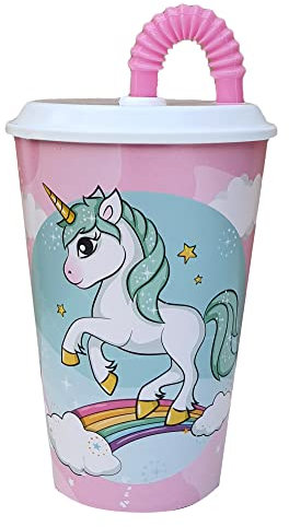 CARTOON Gobelet avec paille Licorne, gobelet pour enfants, plastique réutilisable semi-rigide sans BPA, capacité 430 ml