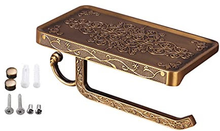 Toilet Paper Holder with Shelf, Antique Wall Mount Tissue Holder Aluminum Toilet Paper Roll Dispenser with Cell Phone Storage Rack(Gold)