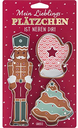 GRUSS & CO Keksausstecher-Set Lieblingsplätzchen | Geschenkset mit 3 Ausstechformen, Nussknacker, Handschuh und Weihnachtsbaum | Backformen, Plätzchen backen | 51123