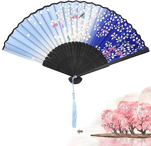 Éventail Pliant pour Femme, Eventail Pliable en Bambou Soie de Style Vintage Chinois pour Decoration Anniversaire Mariage Fête Cadeau