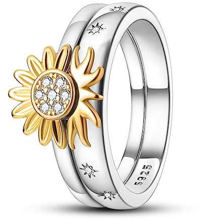 NARMO 925 Ringe für Frauen Sonnenblumen Ring Sterling Silber Statement Ring Band Kombination Ringe Größe 60mm