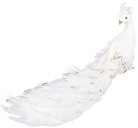 Künstliche Pfauenvögel, 59,9 Cm, Gefiederte Weihnachts-Pfauenvögel, Simulation Weiß Glitzernder Pfauenvogel mit Langem Schwanz, Pfauen-Weihnachtsvögel aus Kunstschaum, Zum Aufstecken,(1 Stück)