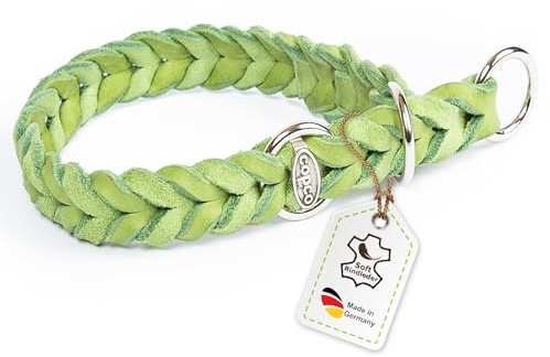 CopcoPet Hundehalsband Würger 35–40 cm x 15mm Grün – Geflochtenes Halsband mit Zugstopp & verchromtem Ring – Aus robustem Fettleder – Für kleine Hunde – Weiches Lederhalsband fürs Training