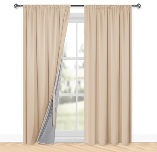 XWZO 100% Blickdichte Vorhänge Wohnzimmer, Vorhänge mit Kräuselband, Gardinen Schlafzimmer, Doppellagige Dicke Verdunklungsvorhänge Thermovorhang Kälteschutz, 200x140 cm(HxB) Creme 2er Set