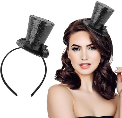 BOFUNX Mini Chapeau Cylindrique Serre-Tête de Chapeau avec Noeud Mini Chapeaux Noir Paillettes pour bal,Nouvel An, Carnaval, Cosplay