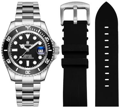 GUANHAO Men's Automatic Mechanical Diving Watch, 40mm Luminous Dial, 100M Waterproof, Luxury Fashion Business Casual Sport Designer Genuine Watch with Calendar, Rubber/Stainless Steel Strap