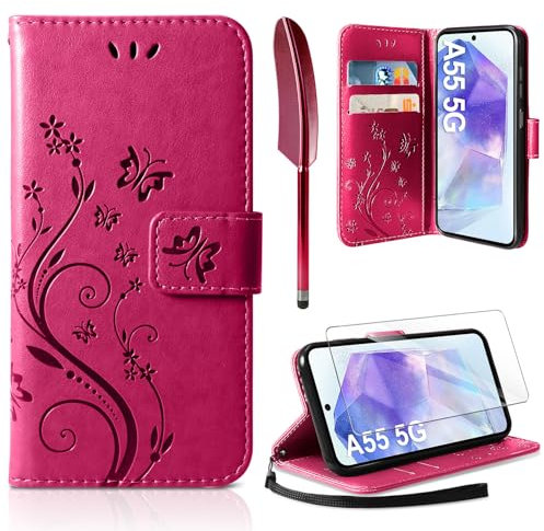 AROYI Lederhülle Kompatibel mit Samsung Galaxy A55 5G Hülle und Schutzfolie,Wallet Handyhülle Leder Tasche Kartensteckplätzen Schutzhülle Kompatibel mit Samsung Galaxy A55 5G Rosenrot