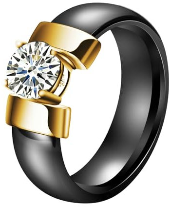 Ring Herren, Mode Keramik Ring mit runden klaren kubischen Zirkonias für Männer Frauen Schwarz Gold, Größe 57 (18.1)