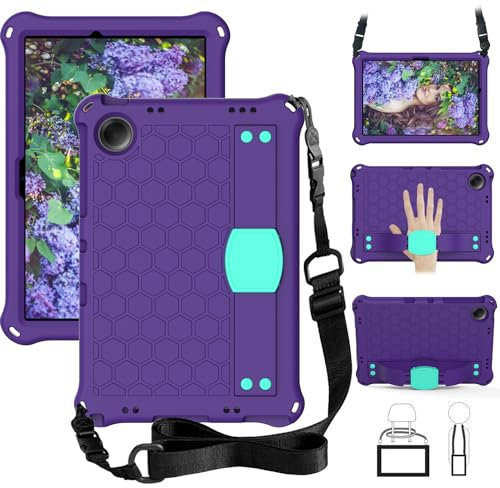 Funda para tablet Alcatel Joy Tab 2 2020 (9032Z) para niños, duradera, ligera, EVA y PC, a prueba de golpes, con correa para el hombro, morado y aguamarina