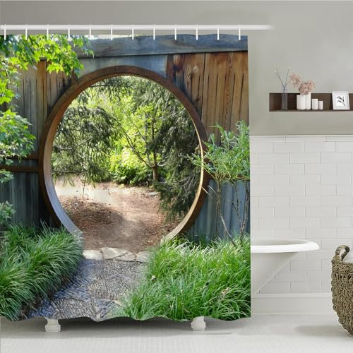 Simpomsy Garden Shower Curtain Green Botany Leaves Natural Village Bathroom Curtain Round Wooden Door Farmhouse Vintage Shower Curtain for Bathroom Decor with 12 Hooks 180x180cm