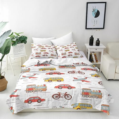 ANHOPE Verkehr Auto Flugzeug Fahrrad Bettwäsche Set 2 Teilig Weich Bettbezug 135x200 cm & Kissenbezug 80x80 cm Microfaser Bettbezüge Set mit Reißverschluss Bettdeckenbezug für Kinder Jungen Mädchen