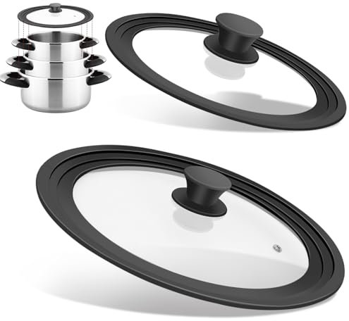 Universal Lids for Pots, Pans and Skillets, Fits 7, 8, 9, 10, 11, 12 Cookware, Universal Pan Lid and Pot Lid with Tempered Glass and Silicone Edging (2 Pack)
