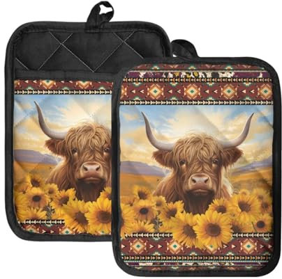 WELLFLYHOM Highland Kuh Topflappen mit Taschen Küche Hot Pads 2 Stück Hitzebeständige Topflappen Südwesten Azteken Baumwollfutter Topflappen Ofenhandschuhe für Männer Frauen Kochen Backen