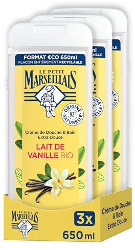 Le Petit Marseillais Crème de Douche Extra Douce Lait de Vanille BIO (lot de 3x650 ml) –avec 92 % d'ingrédients d'origine naturelle – pH neutre pour la peau et sans colorant