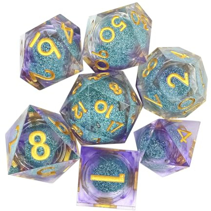 Sarini 7-teiliges Würfelset mit Flüssigkern und Kunstharz,scharfe Kanten,polyedrische DND-Würfel für Dungeons and Dragons,RPG,MTG-Tischspiele (Blau/Lila)