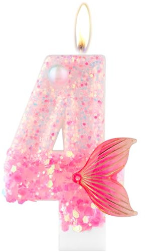 Glitter 4 Number Candle, Pink 4 Candle with Mermaid Tail, Boys Girls 4th Birthday Decorations, Mermaid Themed Party Supplies