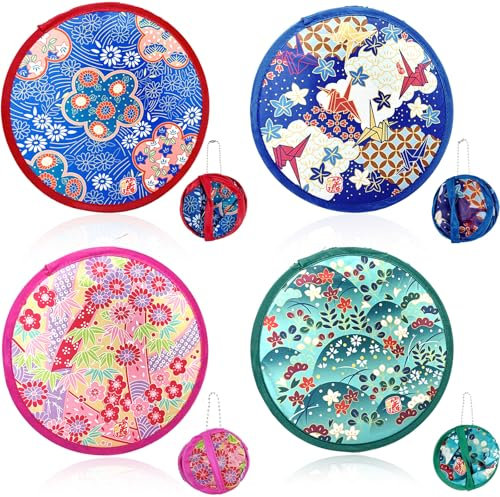 QttvbTna 4 Pcs Round Folding Handheld Fan, Portable Beautiful Patterns Japanese Style Summer Foldable Fan for Wedding Gifts Festival Party Home Decor Personal Decoration