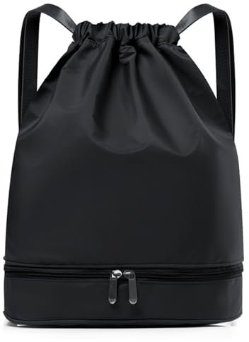 JSTHHTT Bolsas de Cuerdas Mujer Hombre Mochila, Cuerdas Impermeable Saco de Gimnasia, Mochilas de Cuerdas con Compartimento de Zapatos, para Gimnasio Viajes Yoga Playa (Negro)