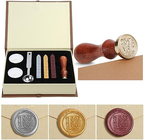 Siegelwachs-Set,Classical Old-Fashioned Antique Wax Stamp Seal Kit Initial Letters Alphabet Set Gift Box with Vintage Wooden Handle and Brass Color Head, Siegelstempel-Wachsset, Geschenkbox (L)