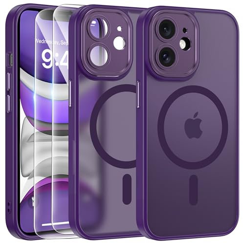 FLLAO Magnétique Coque pour iPhone 11 avec 2 Verre Trempé, Compatible avec MagSafe, Protection d'objectif Tout Compris, Etui Mat Arrière Housse Fine Antichoc Case iPhone 11 6.1, Violet Foncé