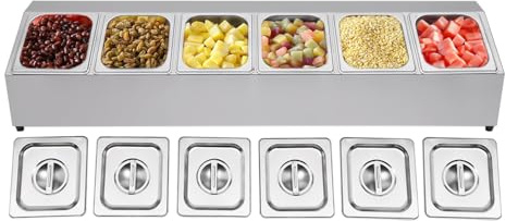 Levkitch 6 Grid Ingredient Containers Stainless Steel Food Pan Holder 6 * 2L Condiment Caddy with Lid for Restaurants Hot Pot Shops Dairy Shops Fruit Shops