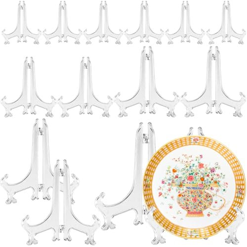 Celepoir 14 Piece Pliable Support Assiette, 3-7 Inch Plastique Transparent Porte Assiette, Multifonctionnel Support Decorative, Mini Chevalet pour Vitrine Couverts de Collection, Photo Cadre, DVD