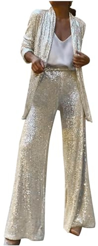 KQIVAM Damen Pailletten Anzug Zweiteiliger Blazer und Hose Business Hosenanzug Slim Fit Streetwear Damenanzug 2 Stück Set Festlich Pailletten Sets Damen Elegant Anzug Blazer Hose Rave Oberbekleidung