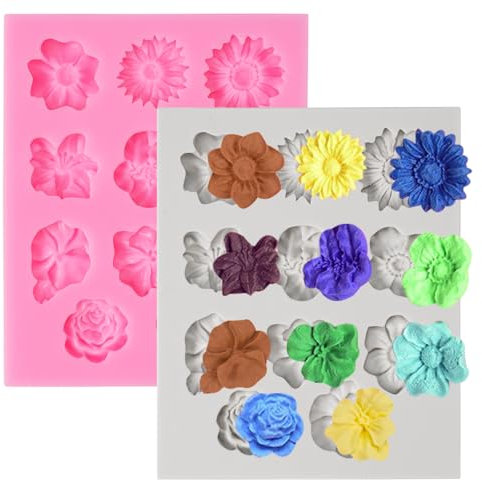 2 Piezas Moldes de Silicona de Flores, Moldes Mini Flores, Moldes Silicona Manualidades de Flores para Fondant, Molde de Flores Rosas, 3D Molde Flores para Decorar Tartas Bricolaje Chocolate Vela
