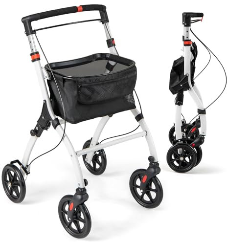 RELAX4LIFE Rollator - 53 cm Breit, für Senioren mit Tablett & Tasche, Indoor Gehhilfe Schmal für Wohnung, Höhenverstellbar, Faltbar und Leicht