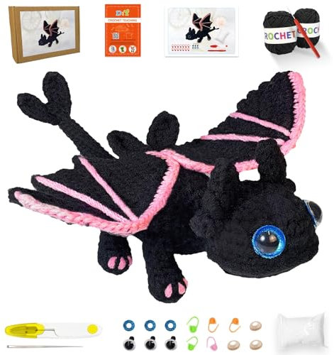 Terself Häkelset für Anfänger, Drachentiere häkeln lernen – Schritt-für-Schritt-Video-Tutorials, Anfänger-Häkelset für Kinder und Erwachsene, schöner schwarzer Drache (40 %+ Garnanteil)