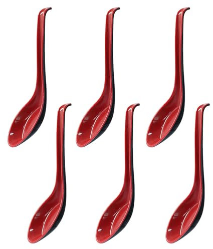 Cjueiom 6Pcs Rice Spoons, Chinese Soup Spoons with Hook for Ramen, Wonton & Noodle Dishes, Asian Plain Style, Black and Red