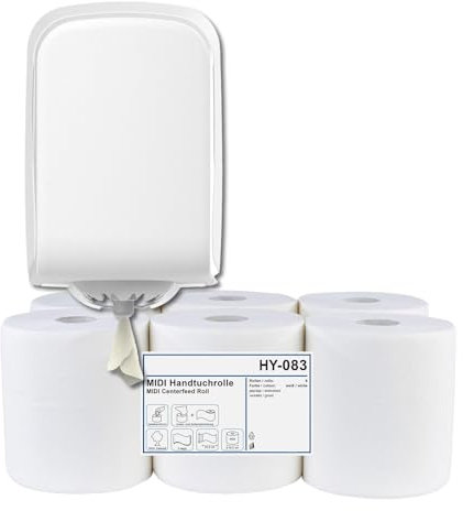 HypaFol Handtuchrollenspender Set - Centerpull Maxi weiß matt + 6 Handtuchrollen, 2-lagig, Zellstoff, Ø 19 cm, für Gewerbe & öffentliche Einrichtungen