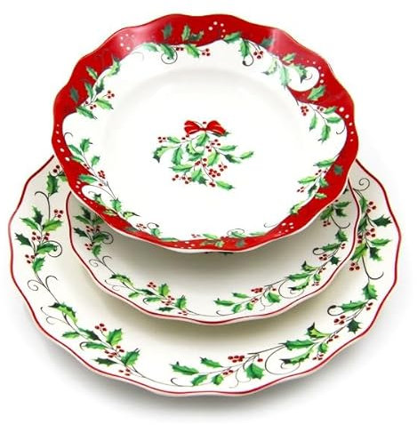 Royal Family Service de vaisselle de Noël, décoration houx de Noël sur bord rouge, 6 places de table (18 pièces) en porcelaine brillante et résistante – Convient au lave-vaisselle et au four