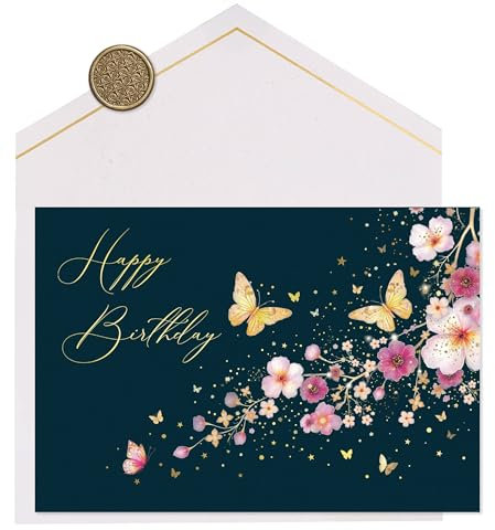 Joli Coon Papeterie Geburtstagskarte STARDUST Cherry Blossom - Premium Geburtstagskarte mit FinePaper Kuvert und echtem Wachssiegel