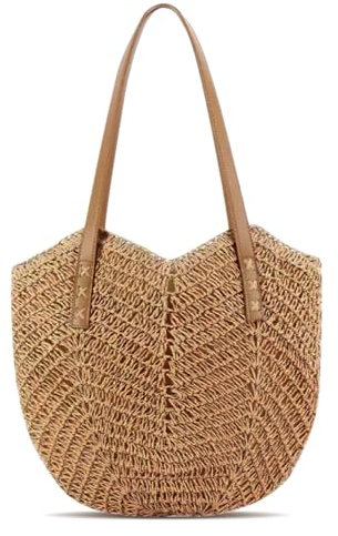 Auliuse Straw Shoulder Bag for Women, Summer Woven Beach Bag Straw Tote for Holiday Travel, Summer Beach Tote Bag, Women Raffia Bags with Zip for Travel Daily Use (Brown)