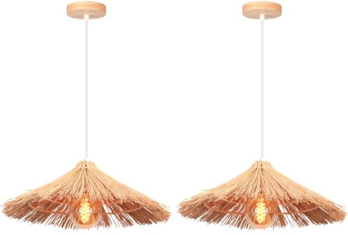 DLGLOLIN Lot de 2 Suspension Luminaire Intérieur Bohème Lustre en Bambou Naturel Lampes Suspendues en Paille E27 Bois Plafonnier pour Restaurant Salon Chambre Café